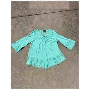 New Directions Lace‎ Blouse Petite S Green Boho Poetcore Romantic Button Down